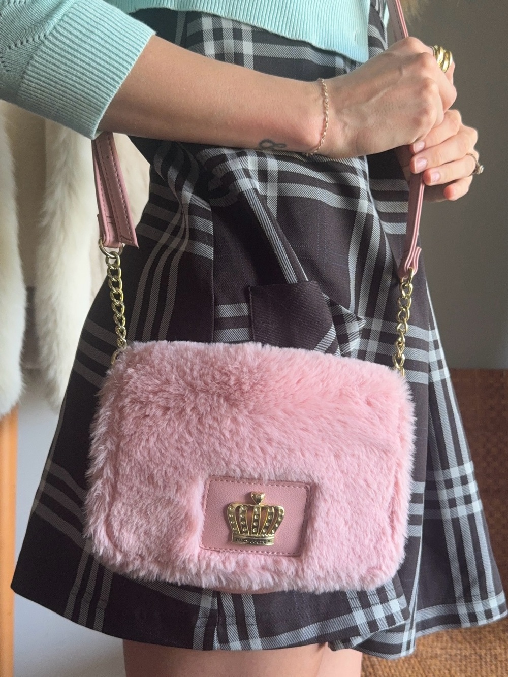 Juicy Couture Pink Faux Fur Crossbody with Gold Crown Emblem